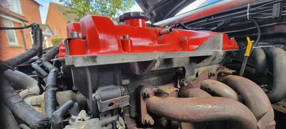 Engine bay with intake and cooling components removed